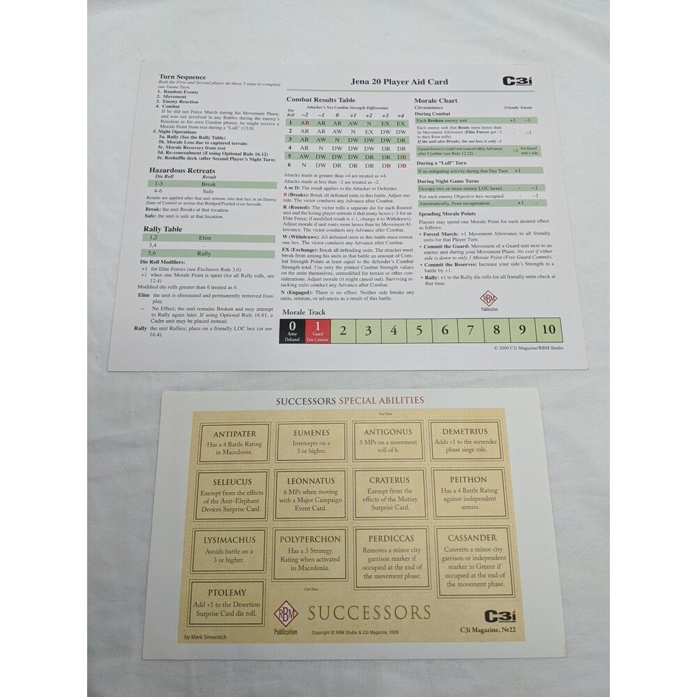 2009 C3i Magazine Jena 20 Player Aid Card Successors Special Abilities